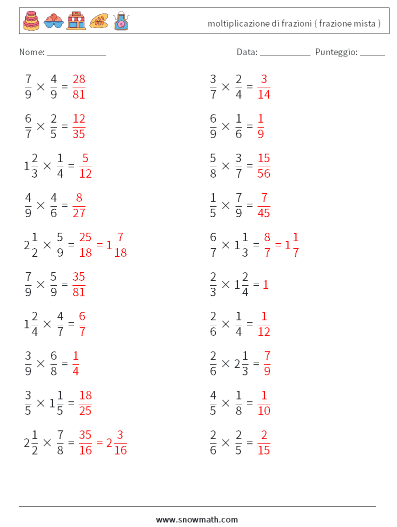 (20) moltiplicazione di frazioni ( frazione mista ) Fogli di lavoro di matematica 11 Domanda, Risposta