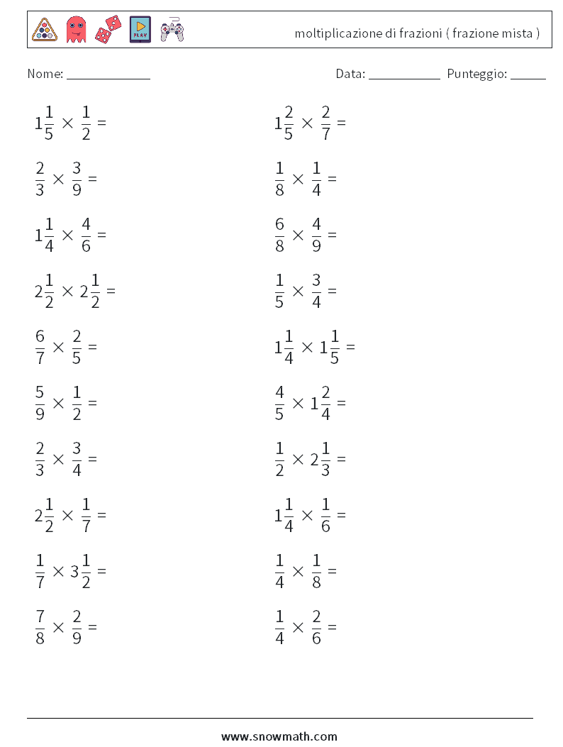(20) moltiplicazione di frazioni ( frazione mista ) Fogli di lavoro di matematica 12