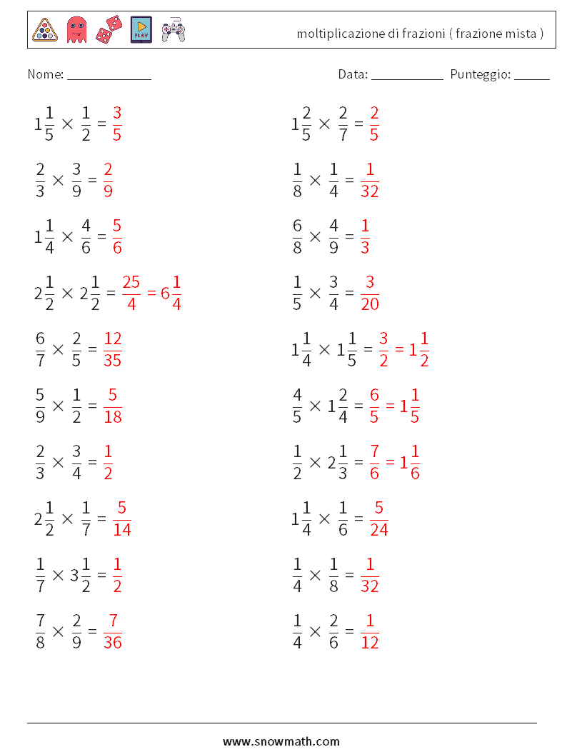 (20) moltiplicazione di frazioni ( frazione mista ) Fogli di lavoro di matematica 12 Domanda, Risposta