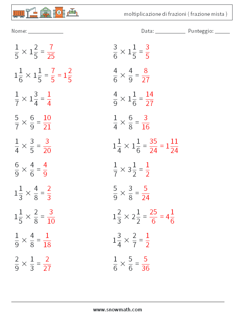 (20) moltiplicazione di frazioni ( frazione mista ) Fogli di lavoro di matematica 13 Domanda, Risposta