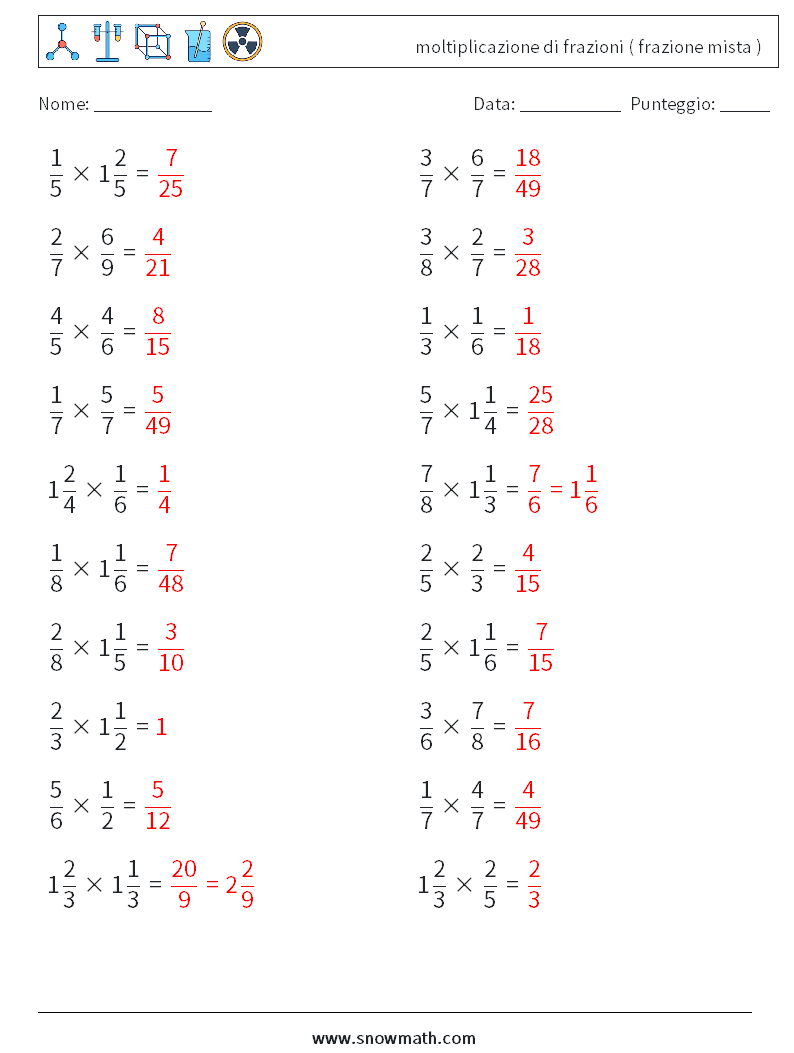 (20) moltiplicazione di frazioni ( frazione mista ) Fogli di lavoro di matematica 14 Domanda, Risposta