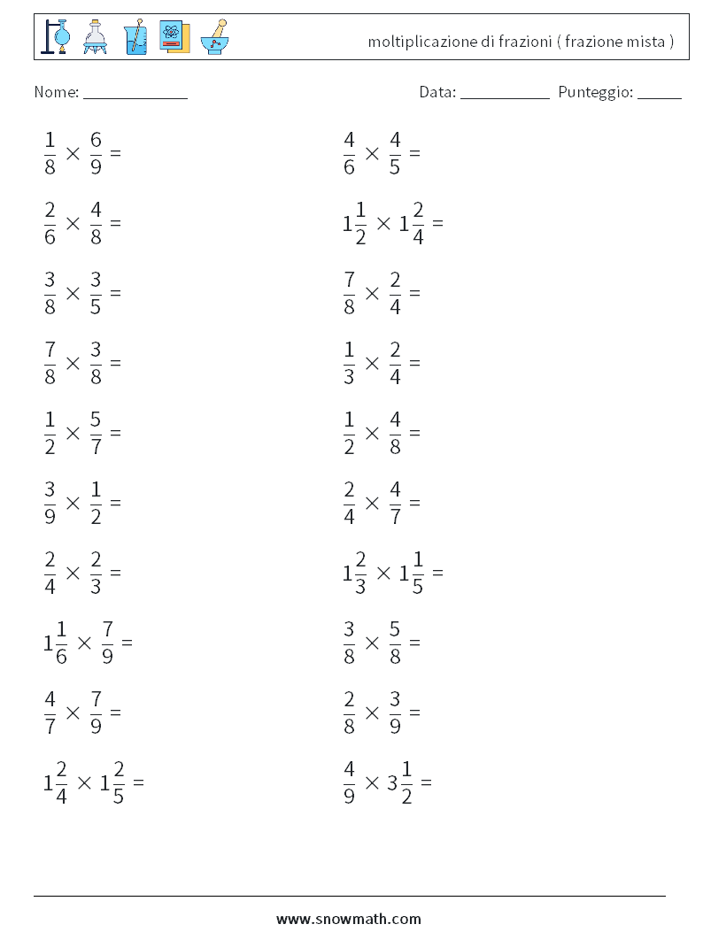 (20) moltiplicazione di frazioni ( frazione mista ) Fogli di lavoro di matematica 15