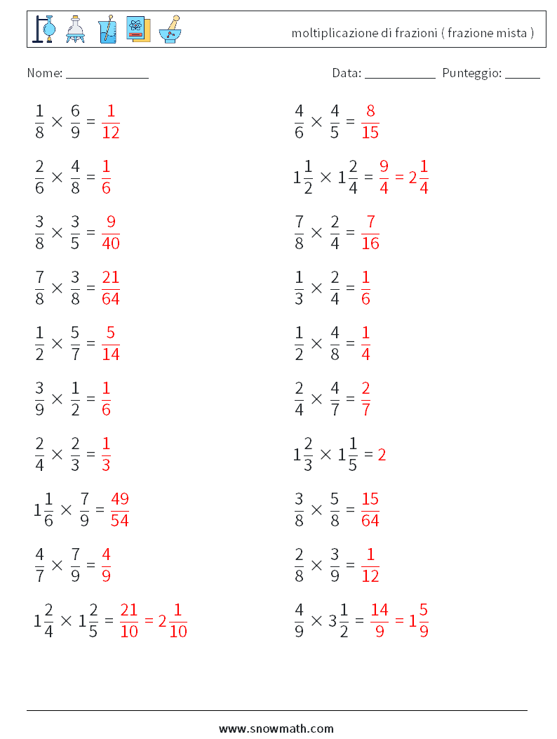 (20) moltiplicazione di frazioni ( frazione mista ) Fogli di lavoro di matematica 15 Domanda, Risposta