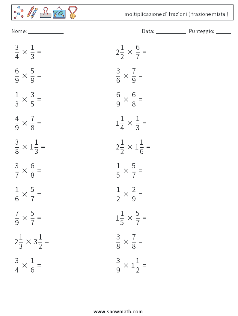 (20) moltiplicazione di frazioni ( frazione mista ) Fogli di lavoro di matematica 16