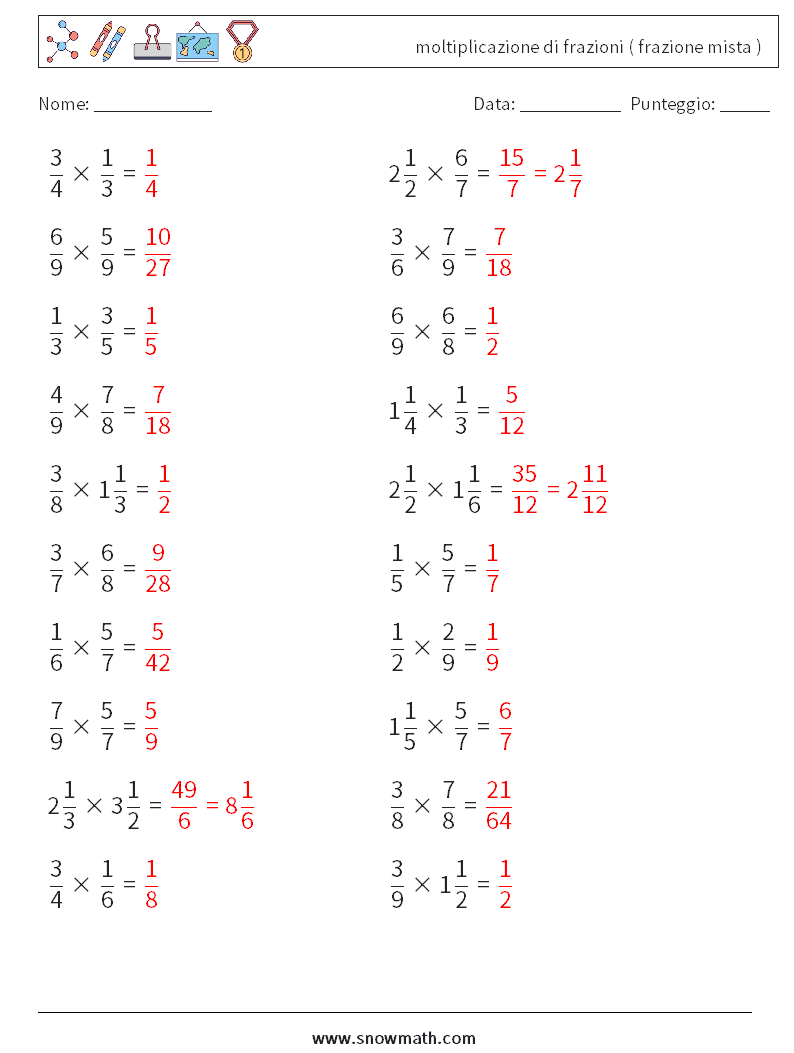 (20) moltiplicazione di frazioni ( frazione mista ) Fogli di lavoro di matematica 16 Domanda, Risposta
