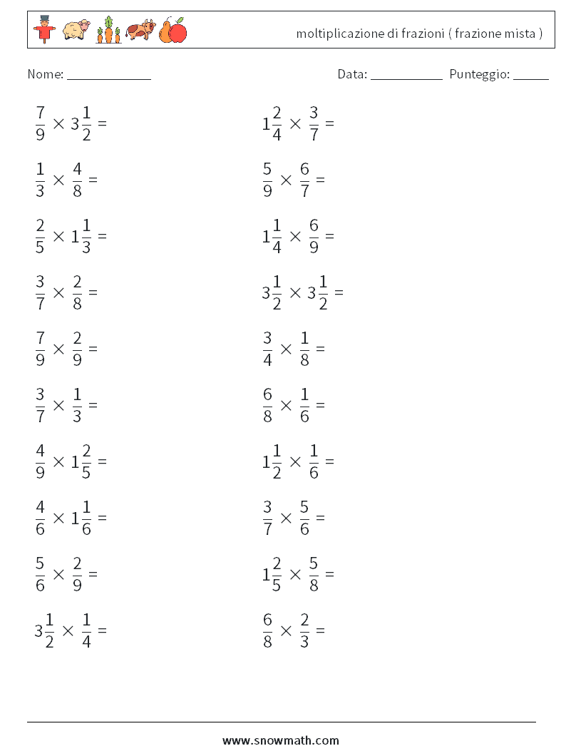 (20) moltiplicazione di frazioni ( frazione mista ) Fogli di lavoro di matematica 17