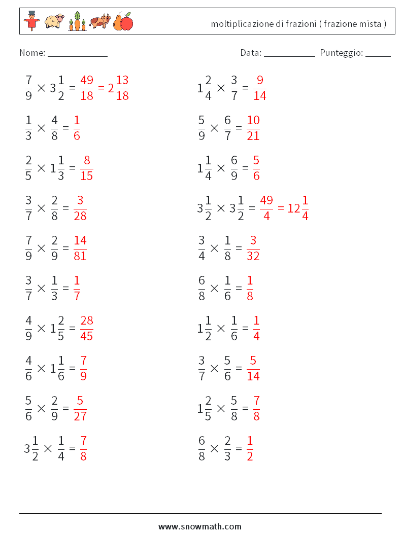 (20) moltiplicazione di frazioni ( frazione mista ) Fogli di lavoro di matematica 17 Domanda, Risposta