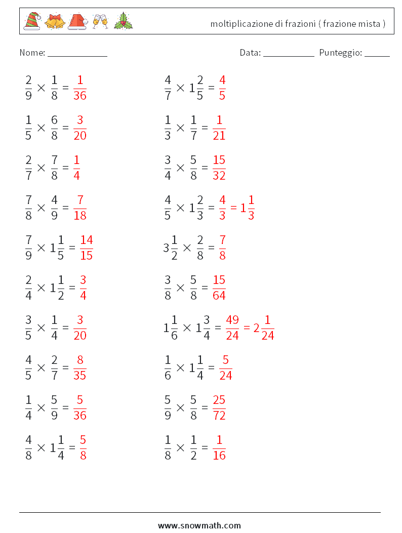 (20) moltiplicazione di frazioni ( frazione mista ) Fogli di lavoro di matematica 18 Domanda, Risposta