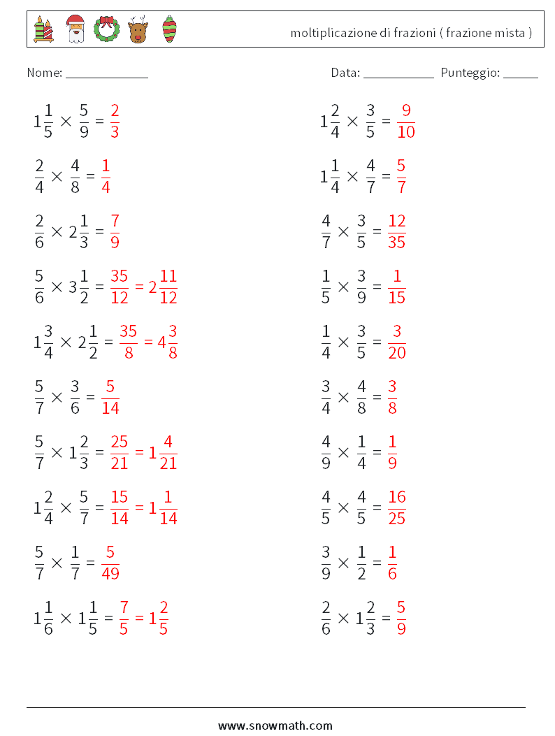 (20) moltiplicazione di frazioni ( frazione mista ) Fogli di lavoro di matematica 1 Domanda, Risposta