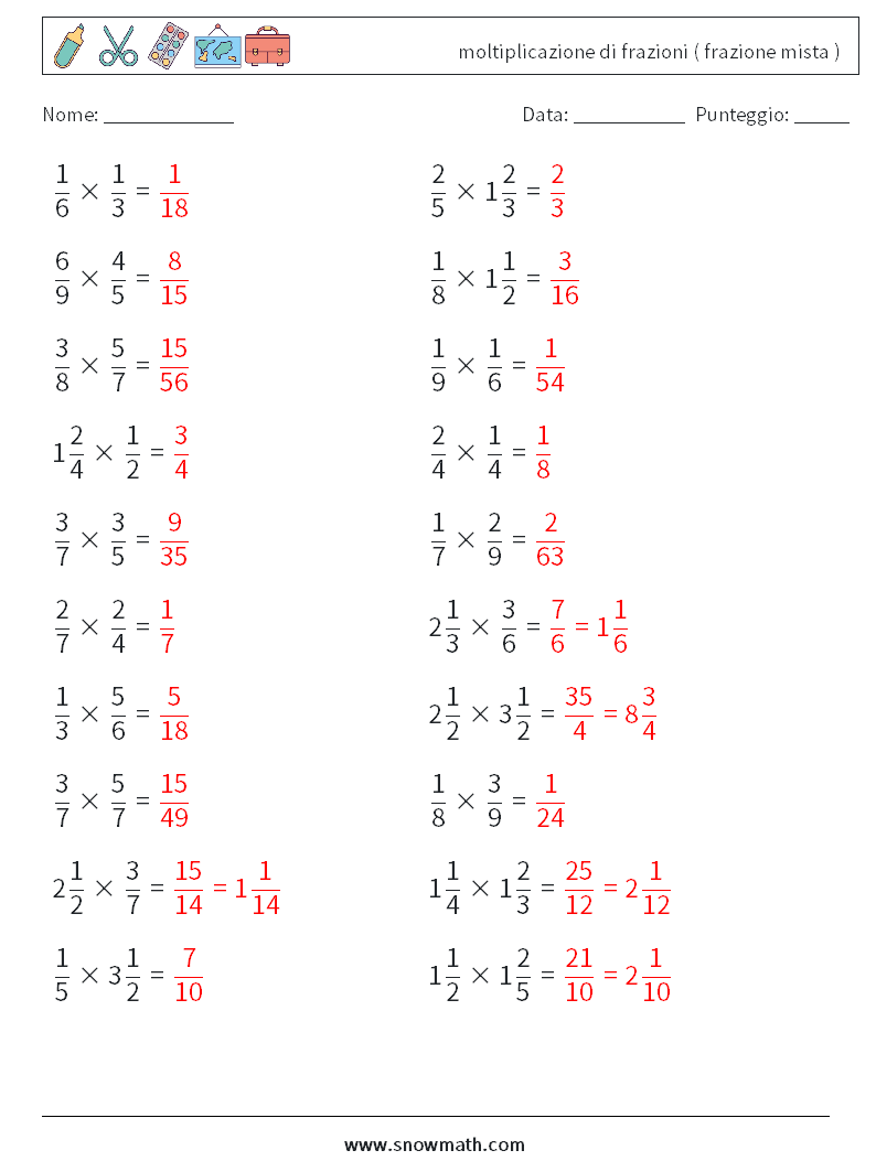 (20) moltiplicazione di frazioni ( frazione mista ) Fogli di lavoro di matematica 2 Domanda, Risposta