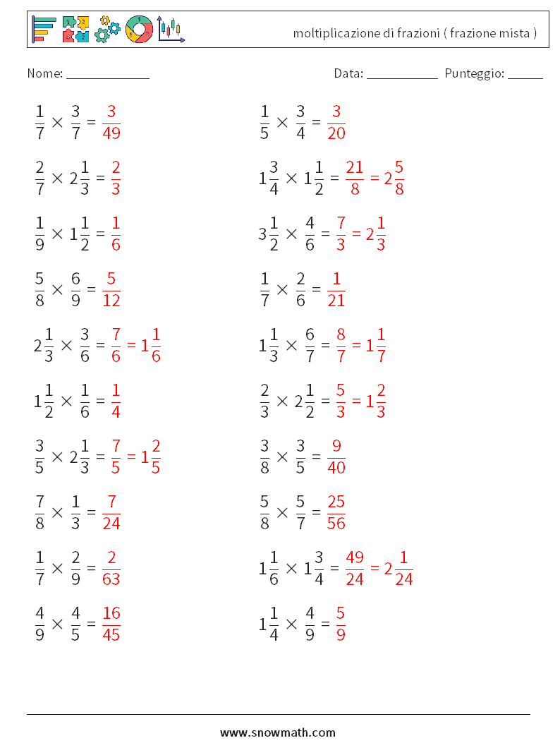 (20) moltiplicazione di frazioni ( frazione mista ) Fogli di lavoro di matematica 3 Domanda, Risposta