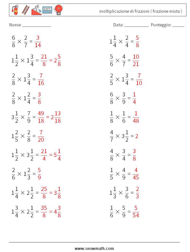 (20) moltiplicazione di frazioni ( frazione mista ) Fogli di lavoro di matematica 4 Domanda, Risposta