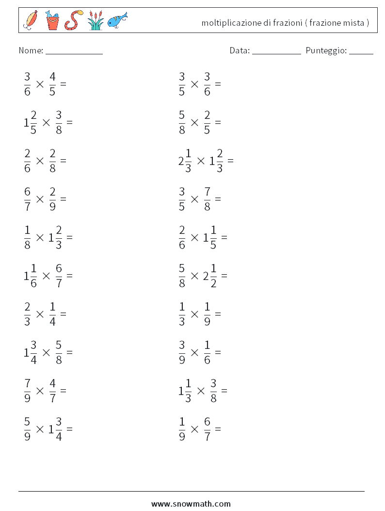 (20) moltiplicazione di frazioni ( frazione mista ) Fogli di lavoro di matematica 5