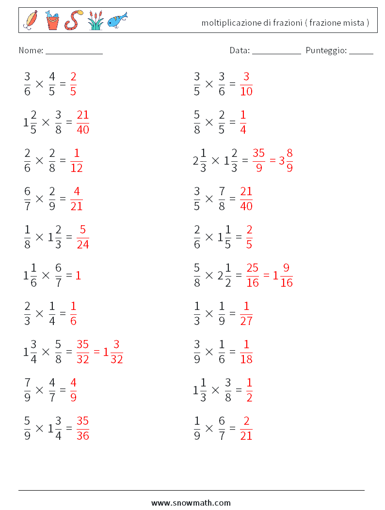 (20) moltiplicazione di frazioni ( frazione mista ) Fogli di lavoro di matematica 5 Domanda, Risposta