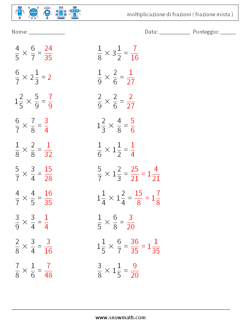(20) moltiplicazione di frazioni ( frazione mista ) Fogli di lavoro di matematica 6 Domanda, Risposta