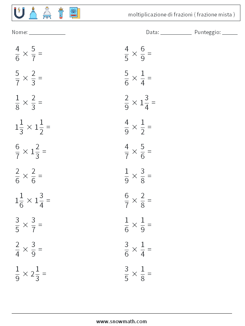 (20) moltiplicazione di frazioni ( frazione mista ) Fogli di lavoro di matematica 7