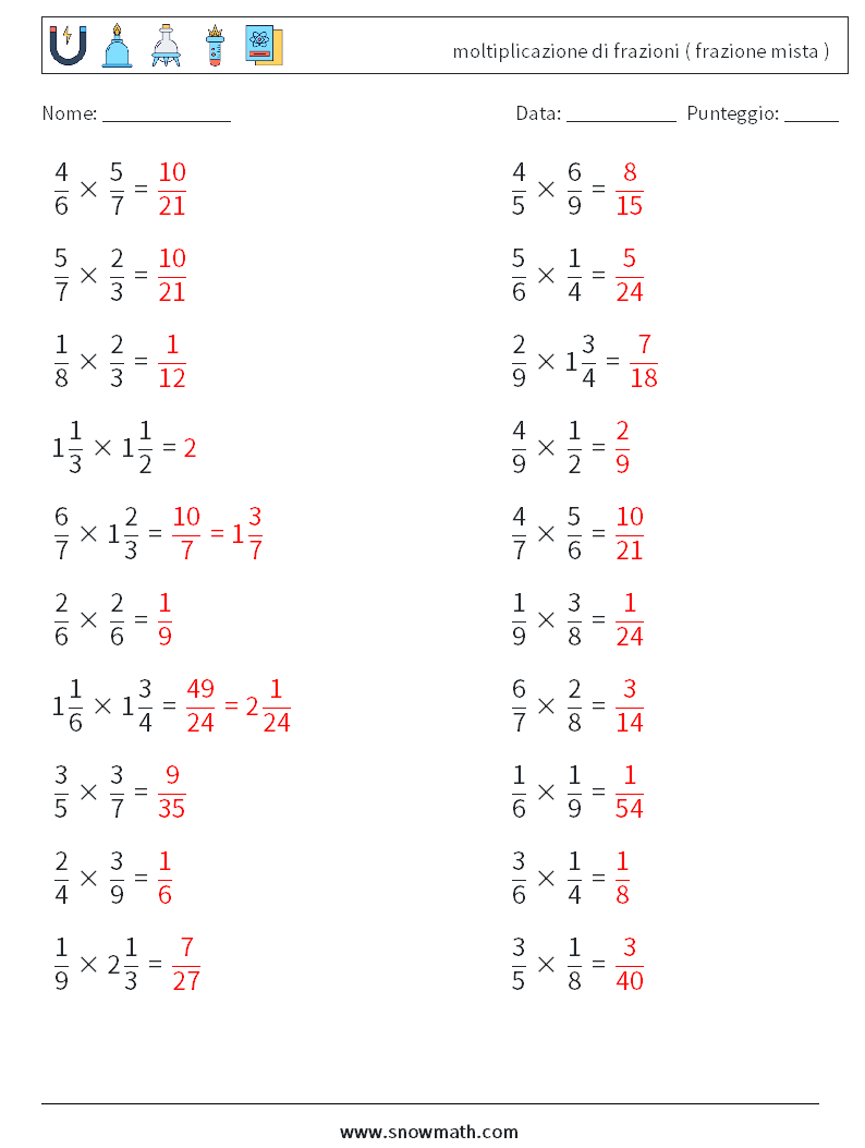 (20) moltiplicazione di frazioni ( frazione mista ) Fogli di lavoro di matematica 7 Domanda, Risposta
