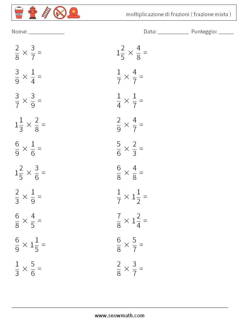 (20) moltiplicazione di frazioni ( frazione mista ) Fogli di lavoro di matematica 8