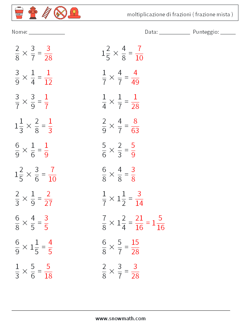 (20) moltiplicazione di frazioni ( frazione mista ) Fogli di lavoro di matematica 8 Domanda, Risposta