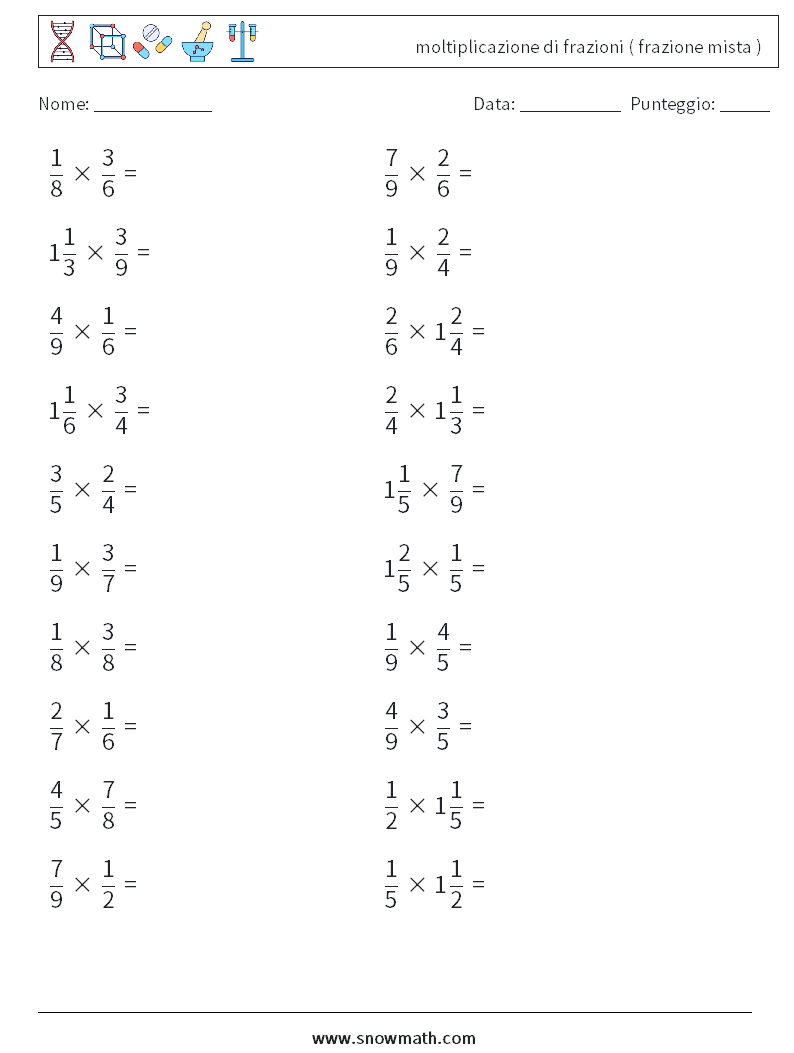 (20) moltiplicazione di frazioni ( frazione mista ) Fogli di lavoro di matematica 9