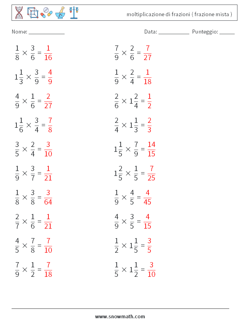 (20) moltiplicazione di frazioni ( frazione mista ) Fogli di lavoro di matematica 9 Domanda, Risposta