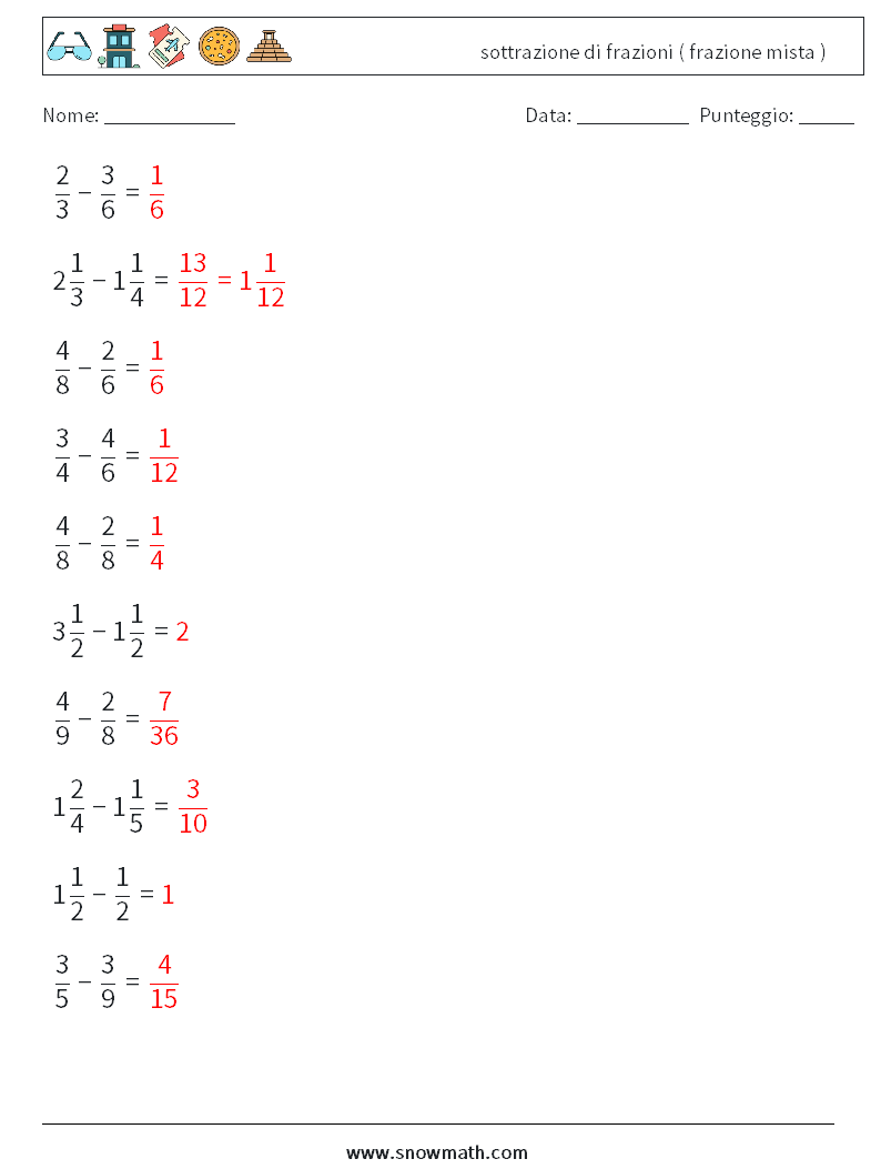 (10) sottrazione di frazioni ( frazione mista ) Fogli di lavoro di matematica 12 Domanda, Risposta