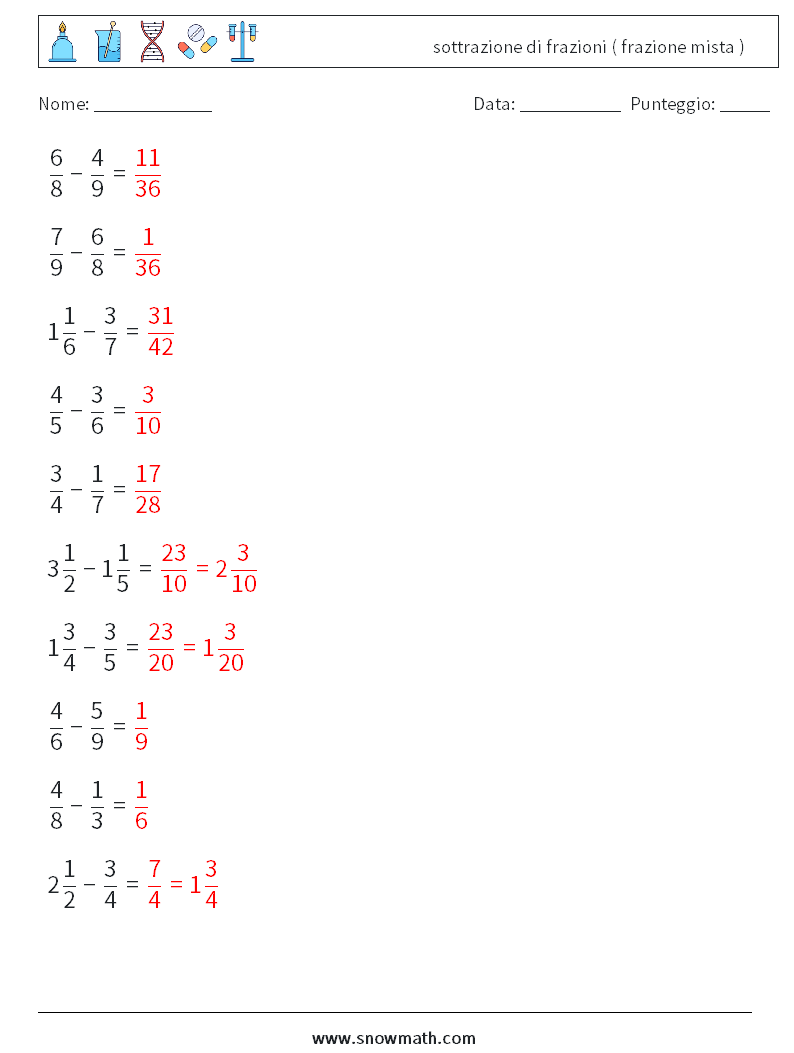 (10) sottrazione di frazioni ( frazione mista ) Fogli di lavoro di matematica 13 Domanda, Risposta