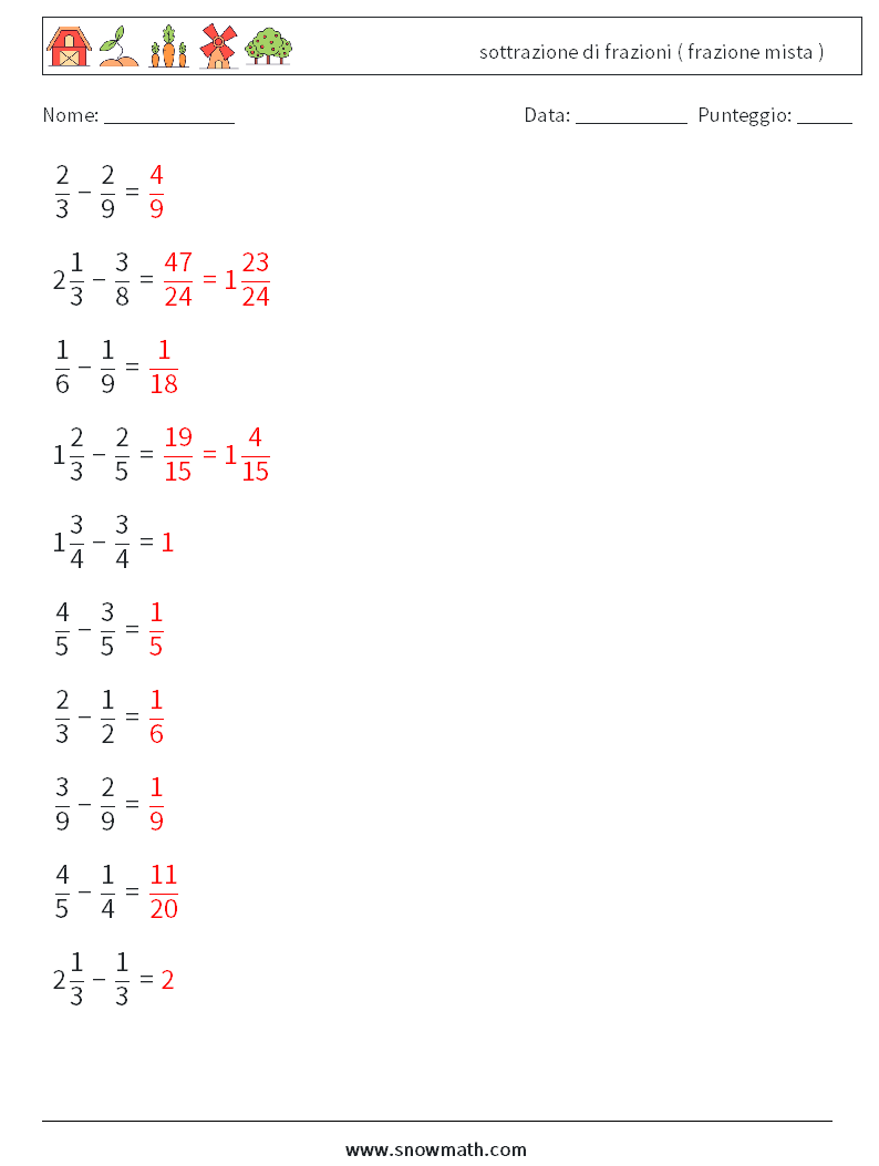 (10) sottrazione di frazioni ( frazione mista ) Fogli di lavoro di matematica 14 Domanda, Risposta