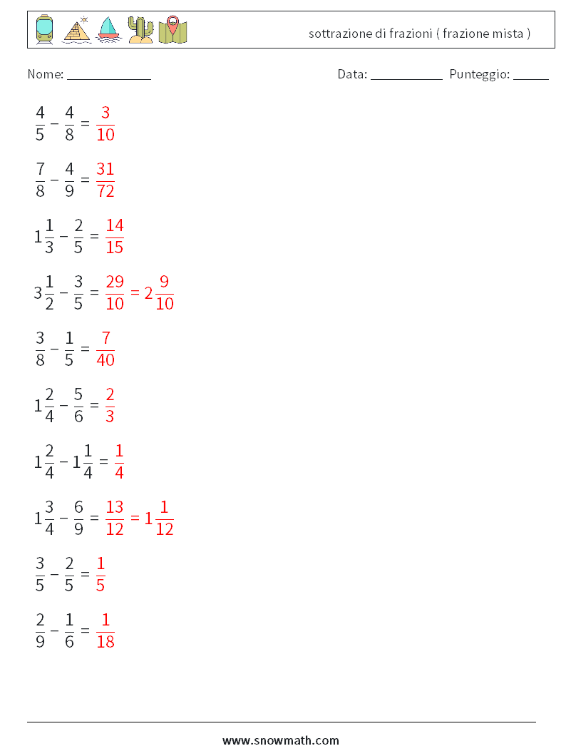 (10) sottrazione di frazioni ( frazione mista ) Fogli di lavoro di matematica 15 Domanda, Risposta