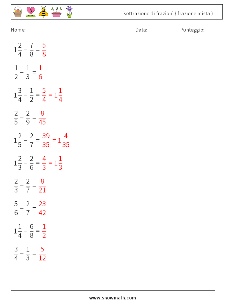 (10) sottrazione di frazioni ( frazione mista ) Fogli di lavoro di matematica 18 Domanda, Risposta