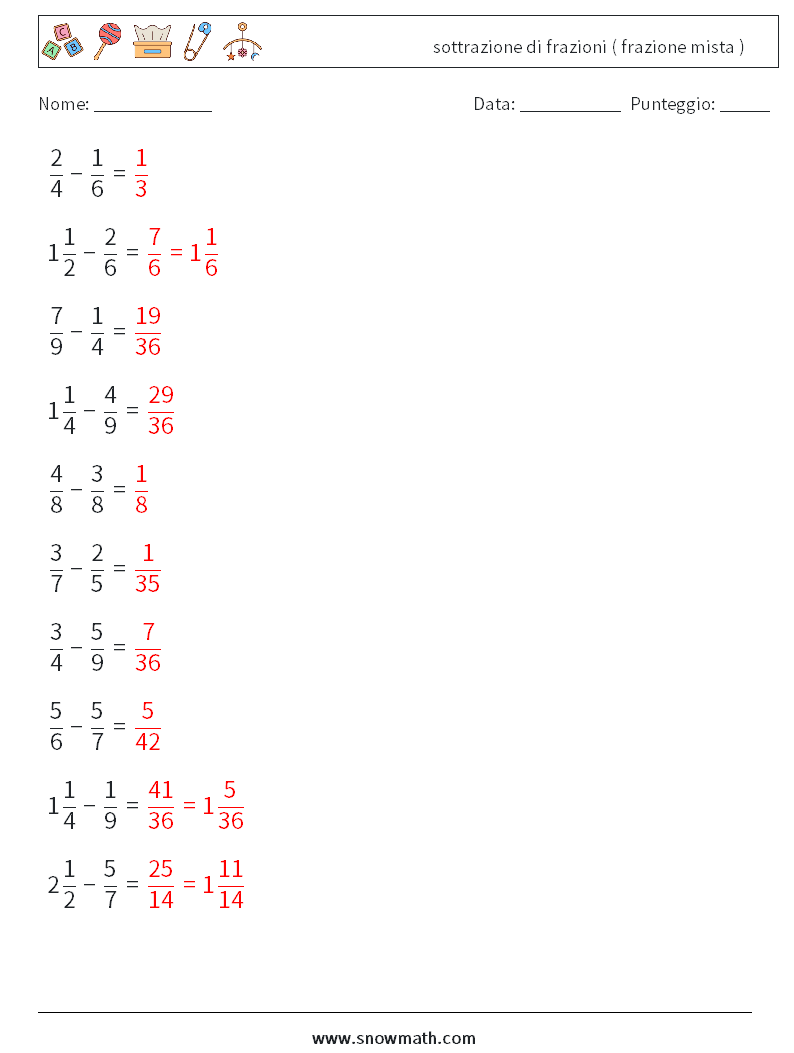 (10) sottrazione di frazioni ( frazione mista ) Fogli di lavoro di matematica 1 Domanda, Risposta