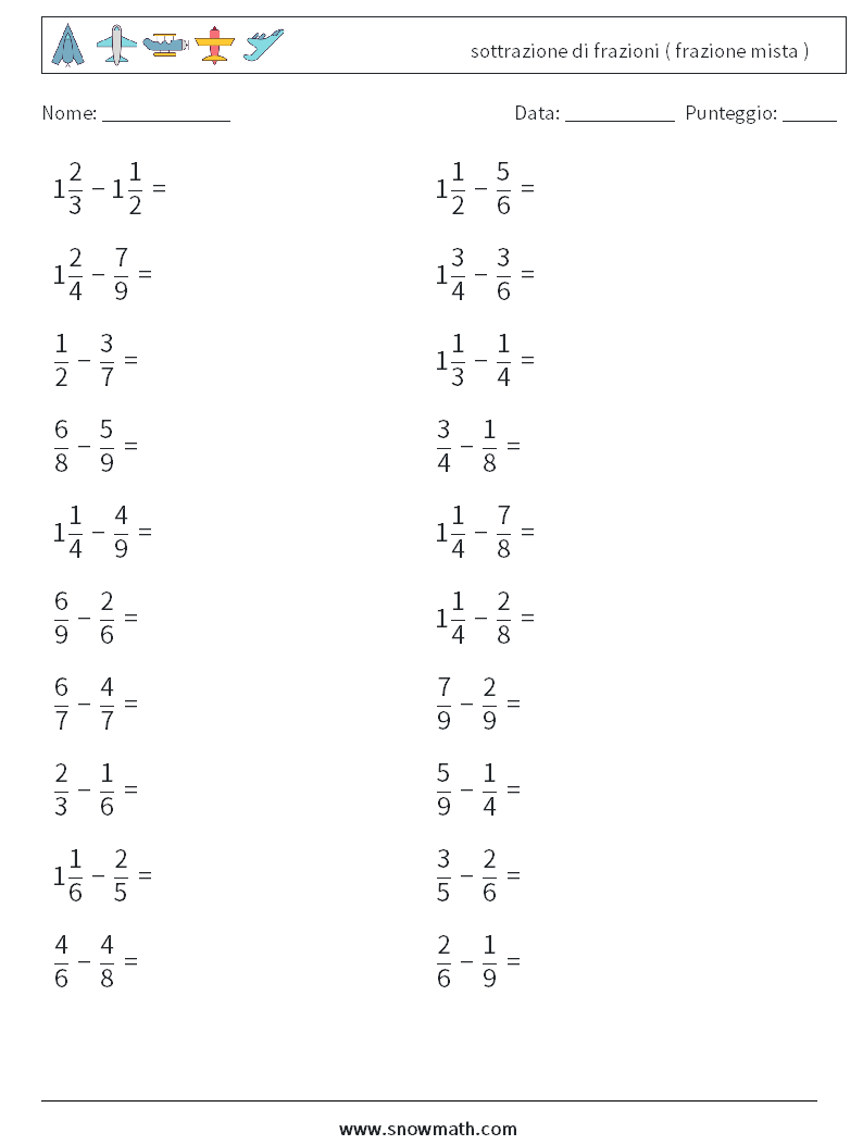 (20) sottrazione di frazioni ( frazione mista ) Fogli di lavoro di matematica 1