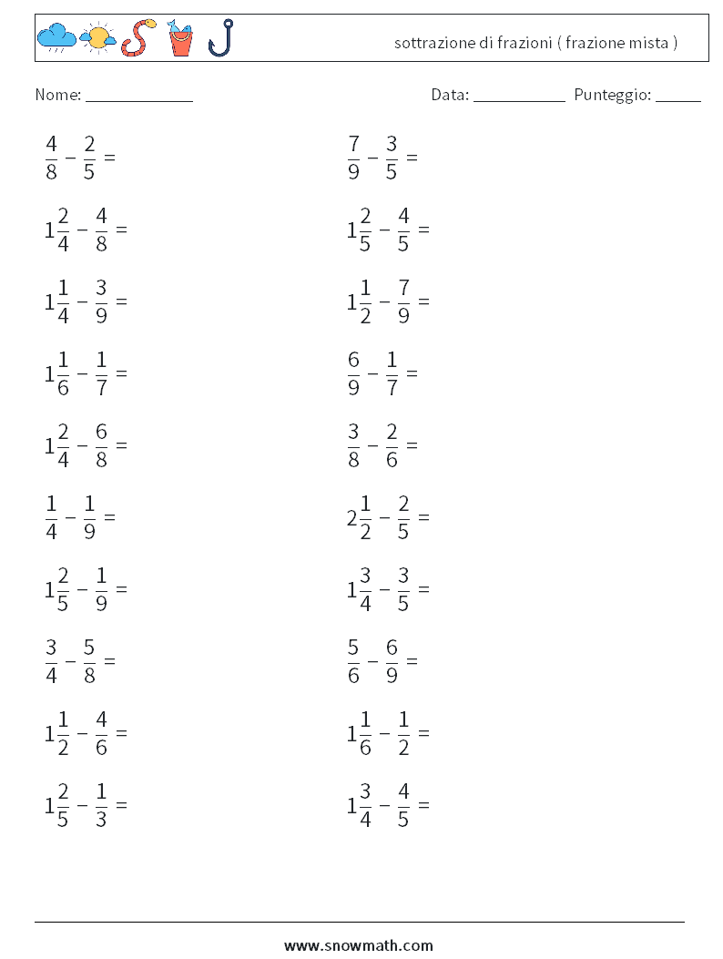 (20) sottrazione di frazioni ( frazione mista ) Fogli di lavoro di matematica 6