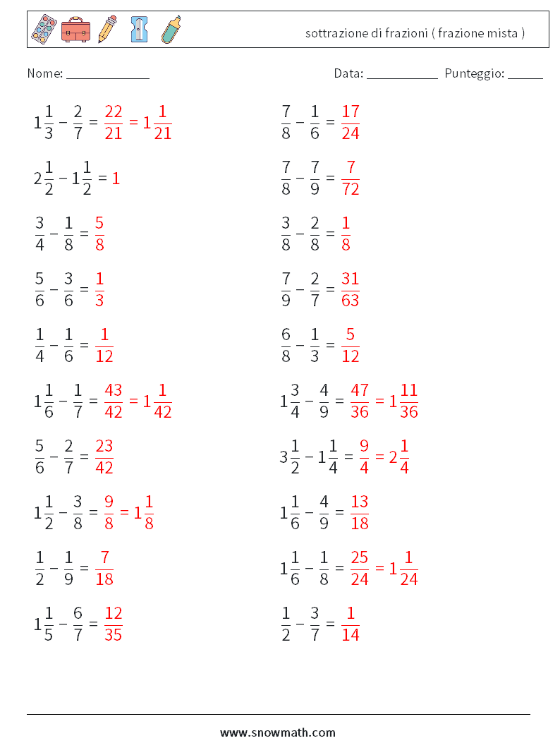 (20) sottrazione di frazioni ( frazione mista ) Fogli di lavoro di matematica 9 Domanda, Risposta