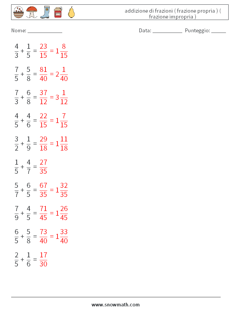 (10) addizione di frazioni ( frazione propria ) ( frazione impropria ) Fogli di lavoro di matematica 10 Domanda, Risposta