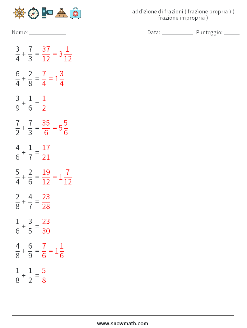 (10) addizione di frazioni ( frazione propria ) ( frazione impropria ) Fogli di lavoro di matematica 11 Domanda, Risposta