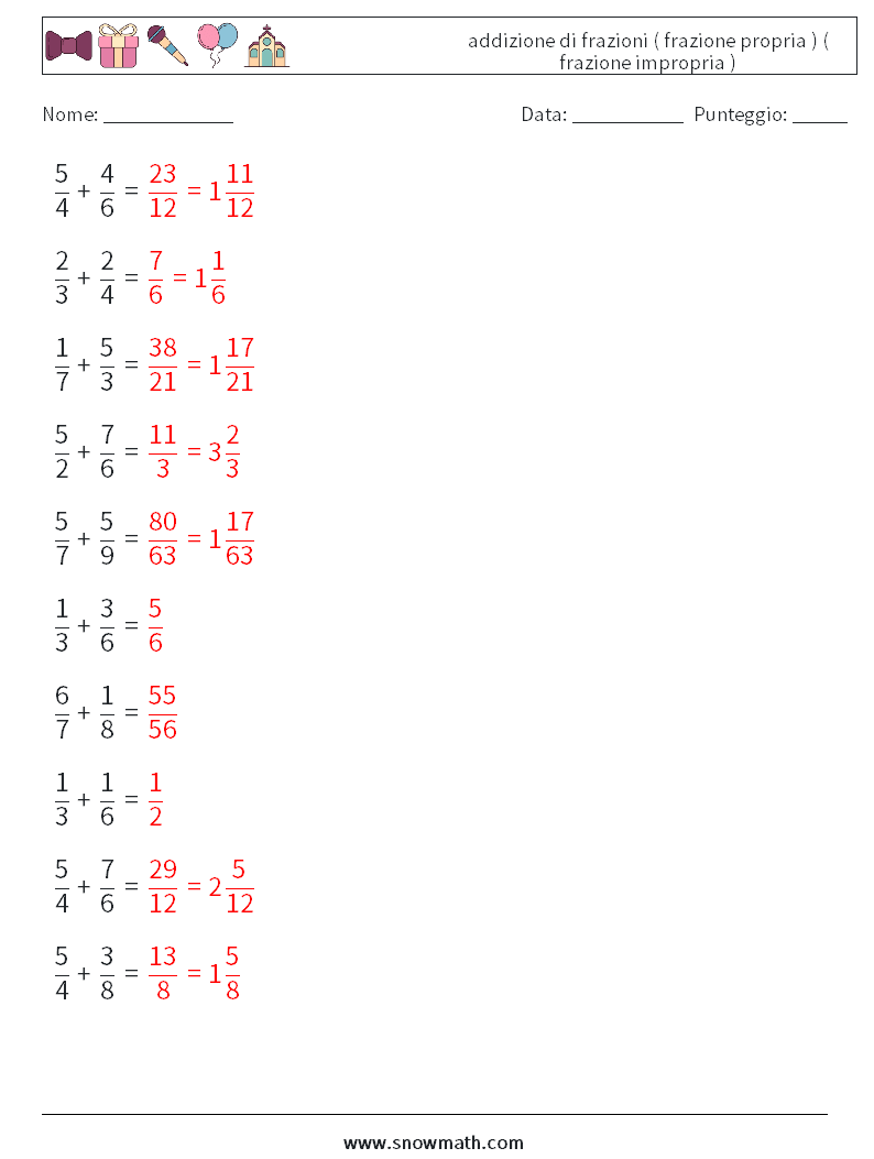 (10) addizione di frazioni ( frazione propria ) ( frazione impropria ) Fogli di lavoro di matematica 12 Domanda, Risposta