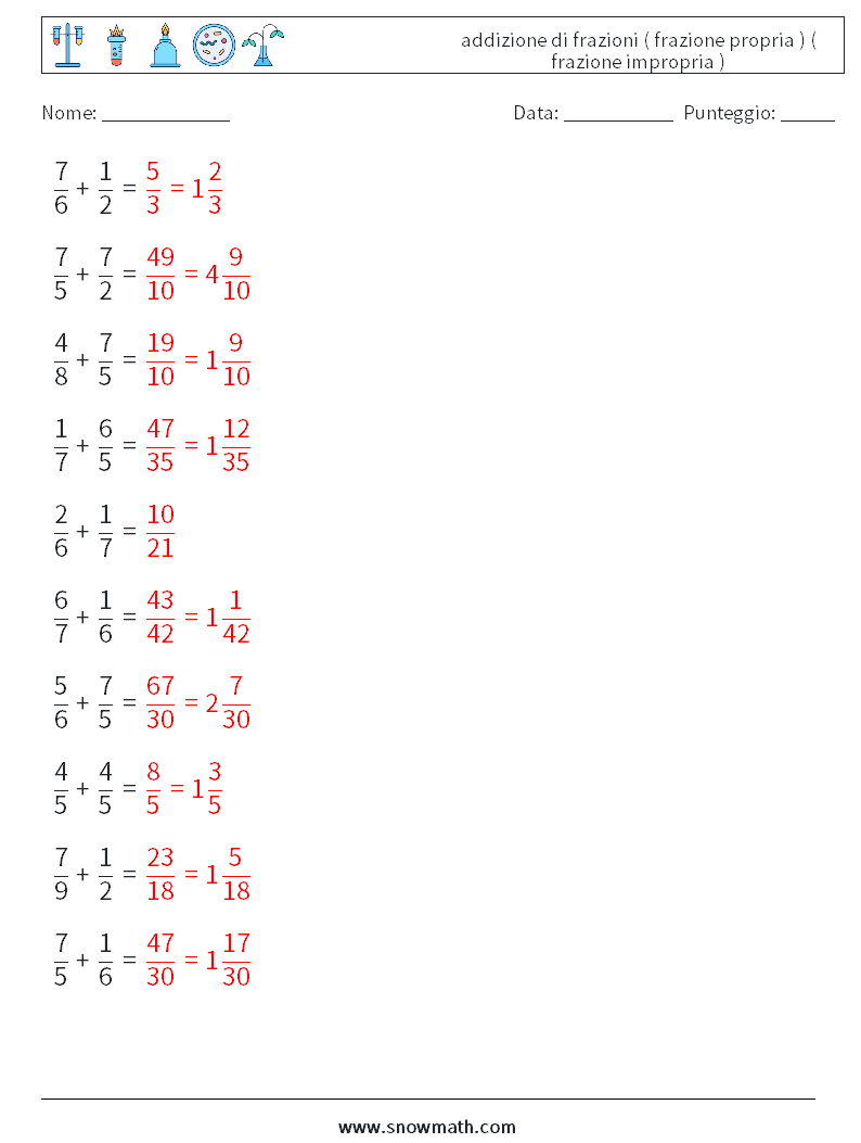 (10) addizione di frazioni ( frazione propria ) ( frazione impropria ) Fogli di lavoro di matematica 13 Domanda, Risposta