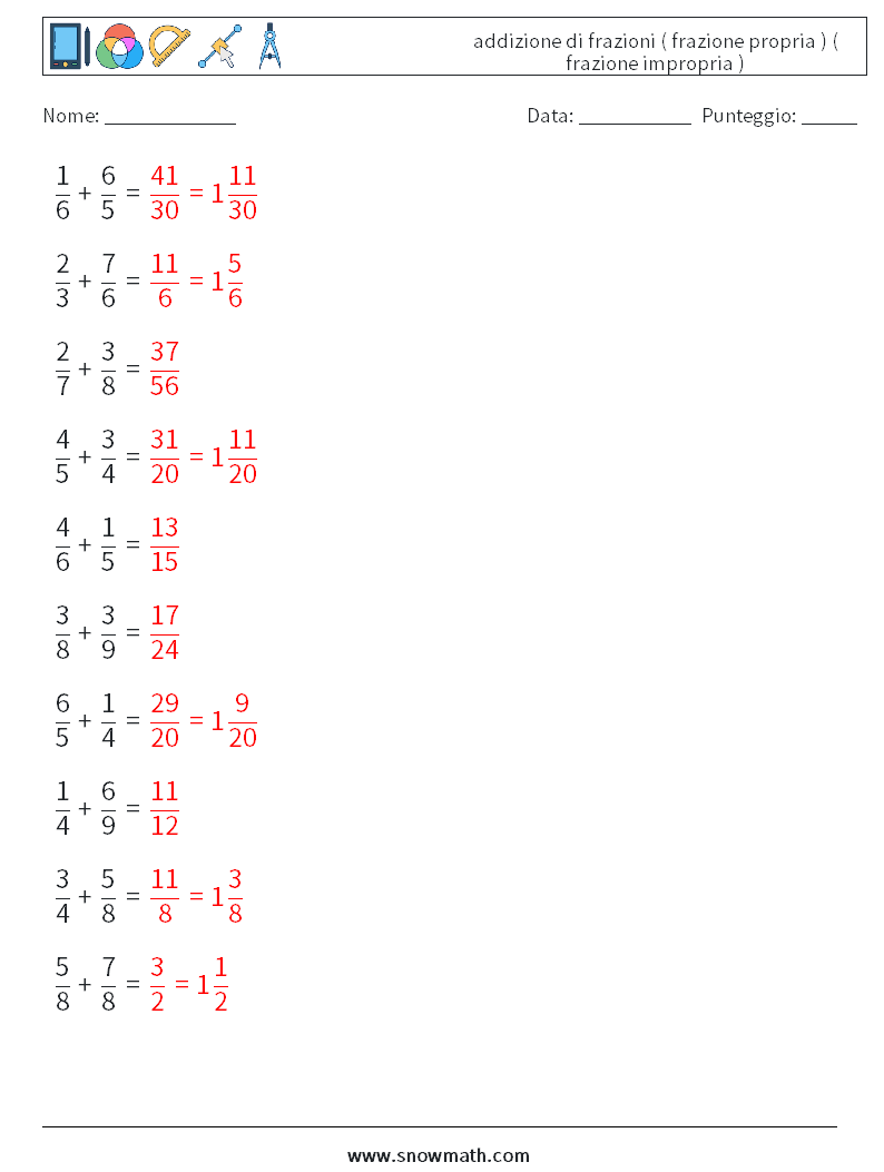 (10) addizione di frazioni ( frazione propria ) ( frazione impropria ) Fogli di lavoro di matematica 14 Domanda, Risposta