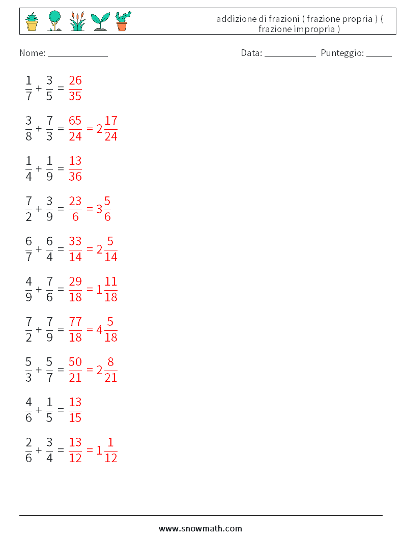 (10) addizione di frazioni ( frazione propria ) ( frazione impropria ) Fogli di lavoro di matematica 15 Domanda, Risposta