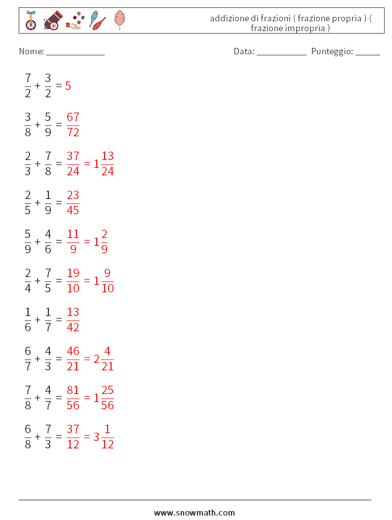 (10) addizione di frazioni ( frazione propria ) ( frazione impropria ) Fogli di lavoro di matematica 16 Domanda, Risposta