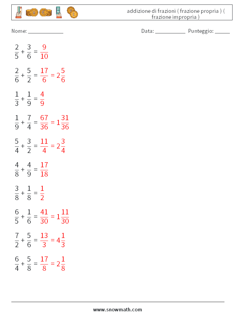 (10) addizione di frazioni ( frazione propria ) ( frazione impropria ) Fogli di lavoro di matematica 17 Domanda, Risposta