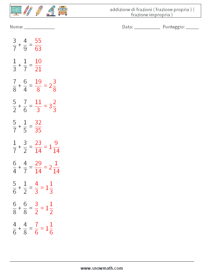 (10) addizione di frazioni ( frazione propria ) ( frazione impropria ) Fogli di lavoro di matematica 18 Domanda, Risposta