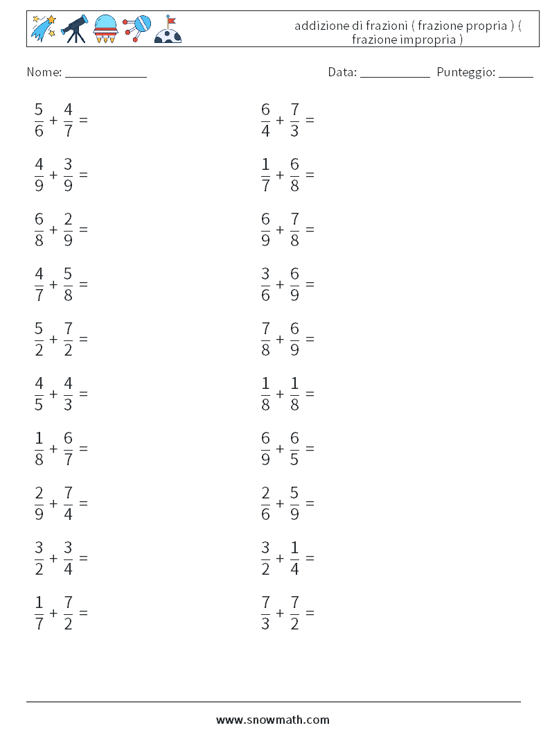 (20) addizione di frazioni ( frazione propria ) ( frazione impropria ) Fogli di lavoro di matematica 5
