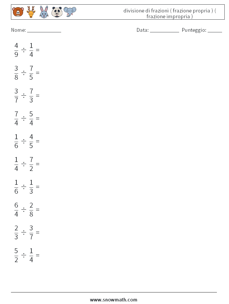 (10) divisione di frazioni ( frazione propria ) ( frazione impropria ) Fogli di lavoro di matematica 1