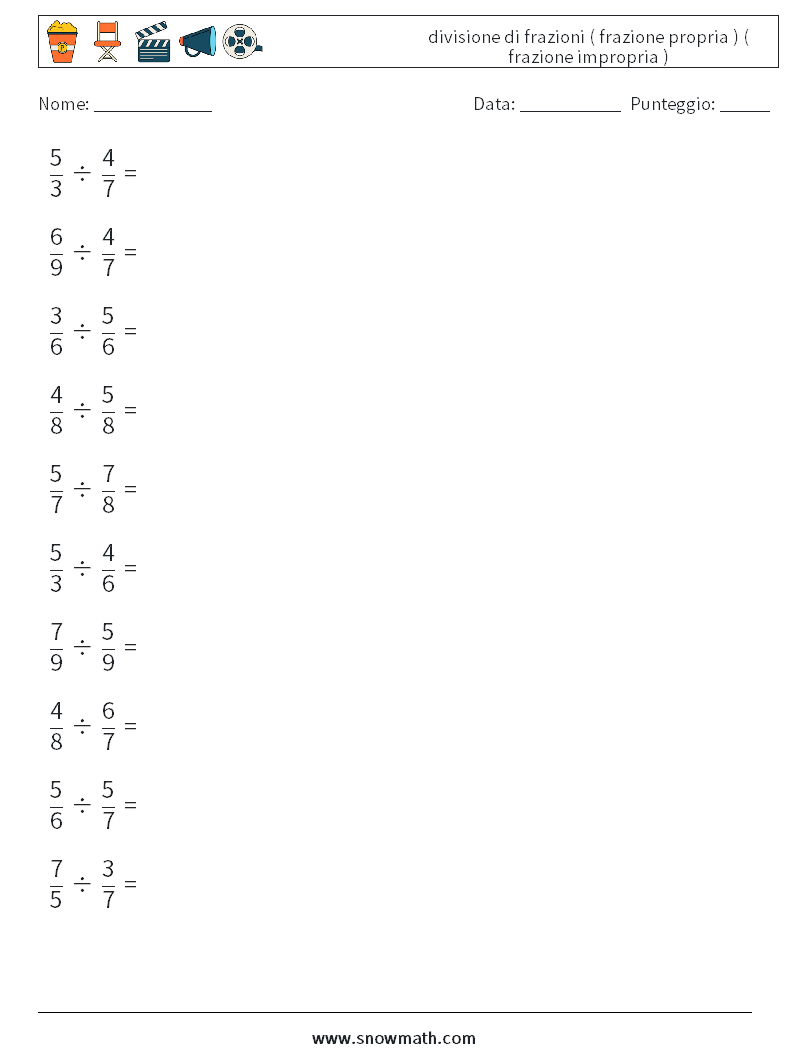 (10) divisione di frazioni ( frazione propria ) ( frazione impropria ) Fogli di lavoro di matematica 2