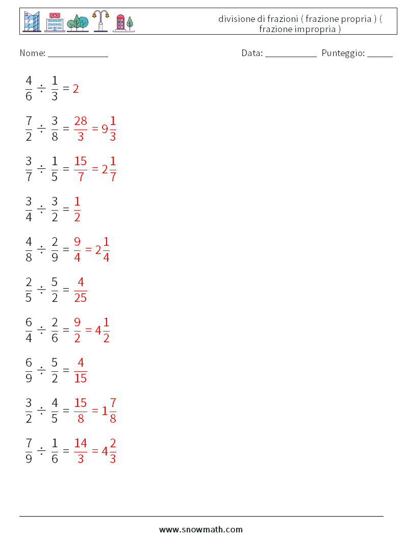 (10) divisione di frazioni ( frazione propria ) ( frazione impropria ) Fogli di lavoro di matematica 7 Domanda, Risposta