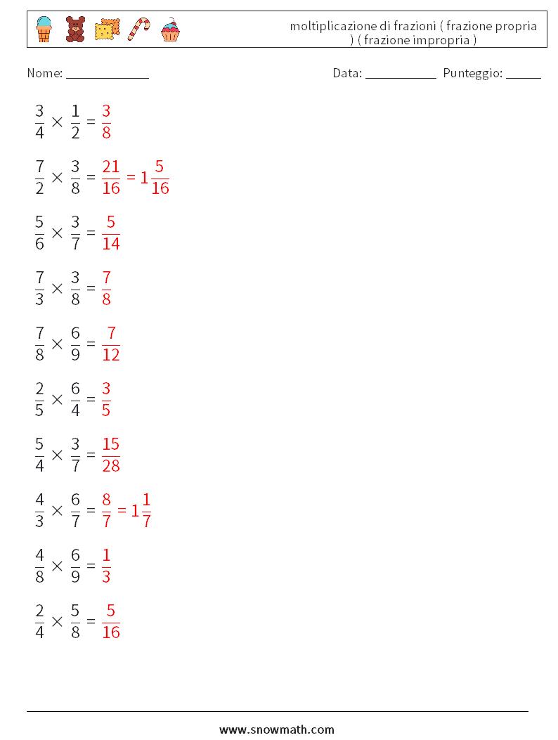 (10) moltiplicazione di frazioni ( frazione propria ) ( frazione impropria ) Fogli di lavoro di matematica 10 Domanda, Risposta