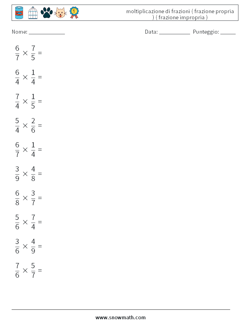 (10) moltiplicazione di frazioni ( frazione propria ) ( frazione impropria ) Fogli di lavoro di matematica 13