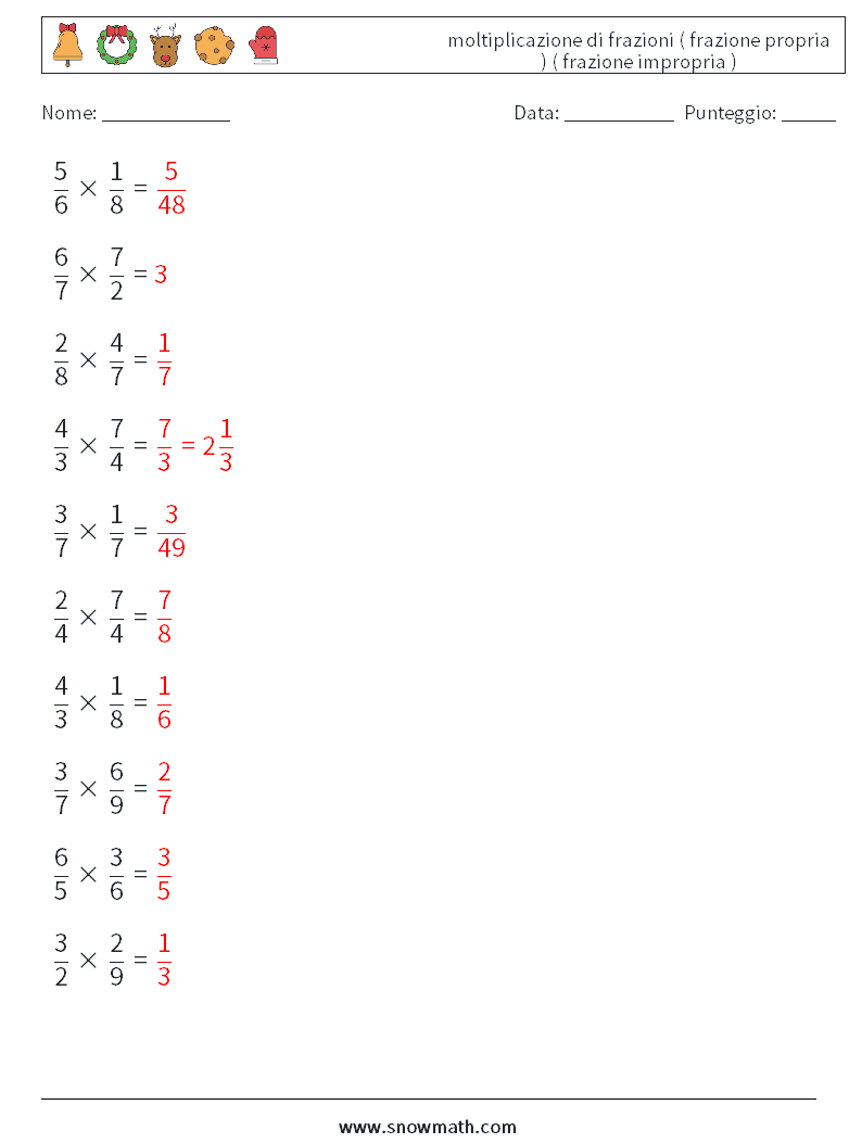 (10) moltiplicazione di frazioni ( frazione propria ) ( frazione impropria ) Fogli di lavoro di matematica 17 Domanda, Risposta